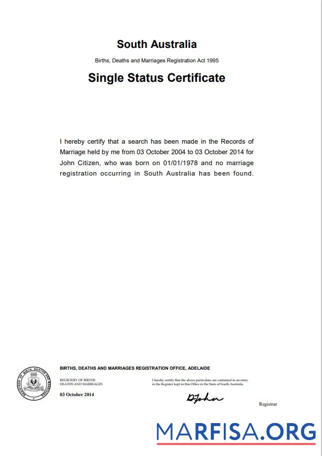 Printable Australia South Australia divorce certificate template in Word